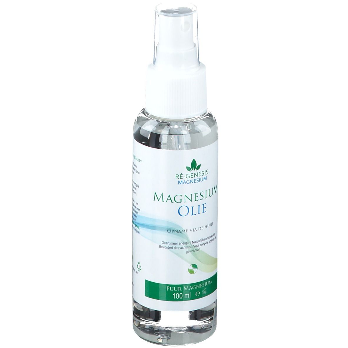 Transparante fles met verstuiver. Opschrift: Magnesium Olie, 100 ml. Groen-blauwe afbeelding.