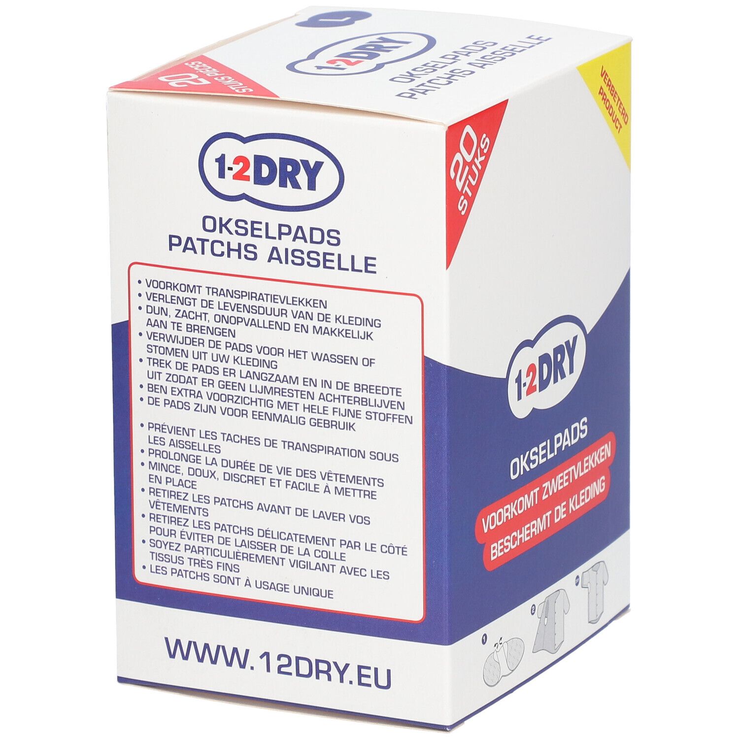 Boîte de 1-2 DRY Patches Aiselle, 20 pièces. Nom et logo du produit visibles.