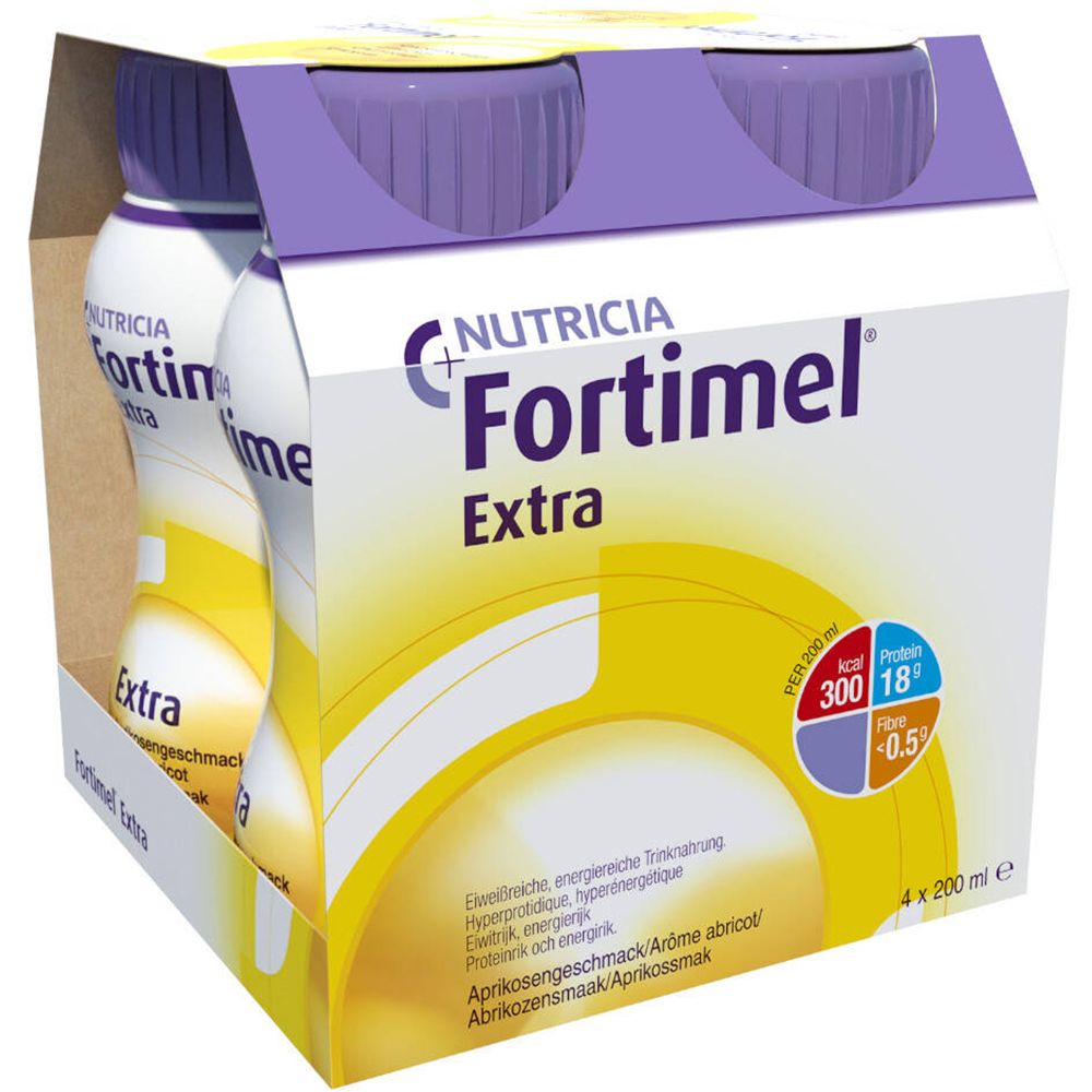 Emballage de quatre bouteilles Fortimel Extra. Inscription : Nutricia, Fortimel Extra, Arôme abricot. Informations nutritionnelles.