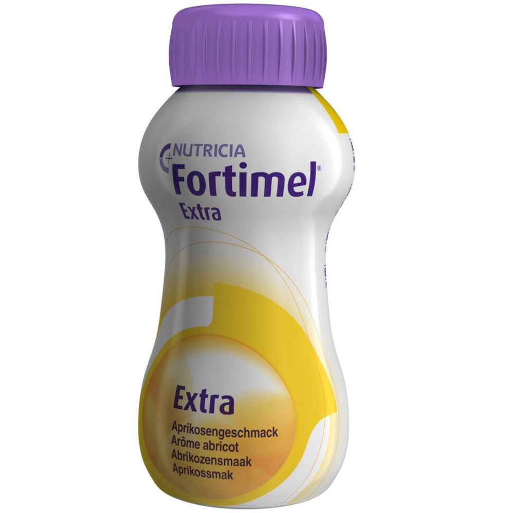 Bouteille individuelle de Fortimel Extra avec bouchon violet. Inscription : Nutricia, Fortimel Extra, Arôme abricot.
