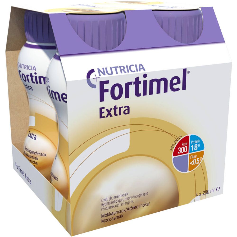 Emballage de quatre bouteilles Fortimel Extra Moka. Informations nutritionnelles visibles. Couleurs violet et beige.