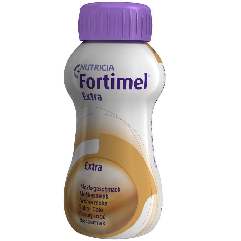Bouteille individuelle Fortimel Extra Moka. Bouchon violet, étiquette blanche avec accents bruns. Nom du produit visible.