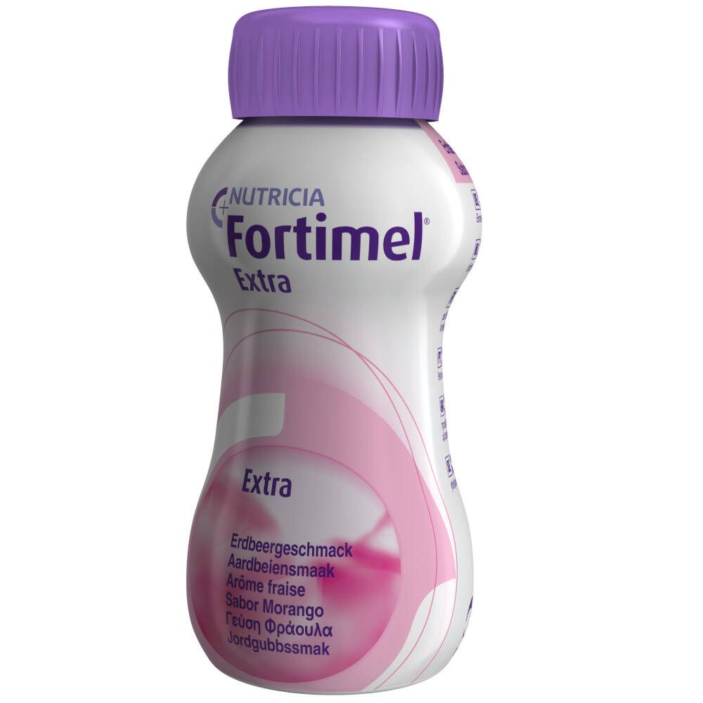 Bouteille unique de Fortimel Extra. Bouteille blanc-rose avec bouchon violet. Inscription : Nutricia, Fortimel Extra, goût fraise.