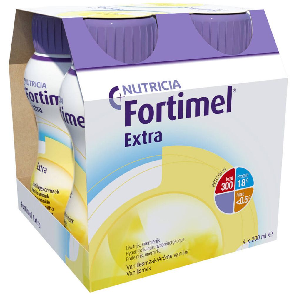 Emballage de quatre bouteilles. Inscription: Nutricia Fortimel Extra. Goût vanille. Informations nutritionnelles. 4 x 200 ml.