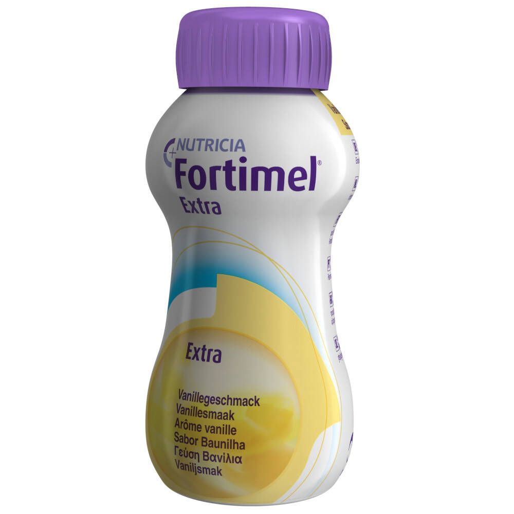 Bouteille individuelle avec bouchon violet. Inscription: Nutricia Fortimel Extra. Goût vanille. Élément de design jaune.