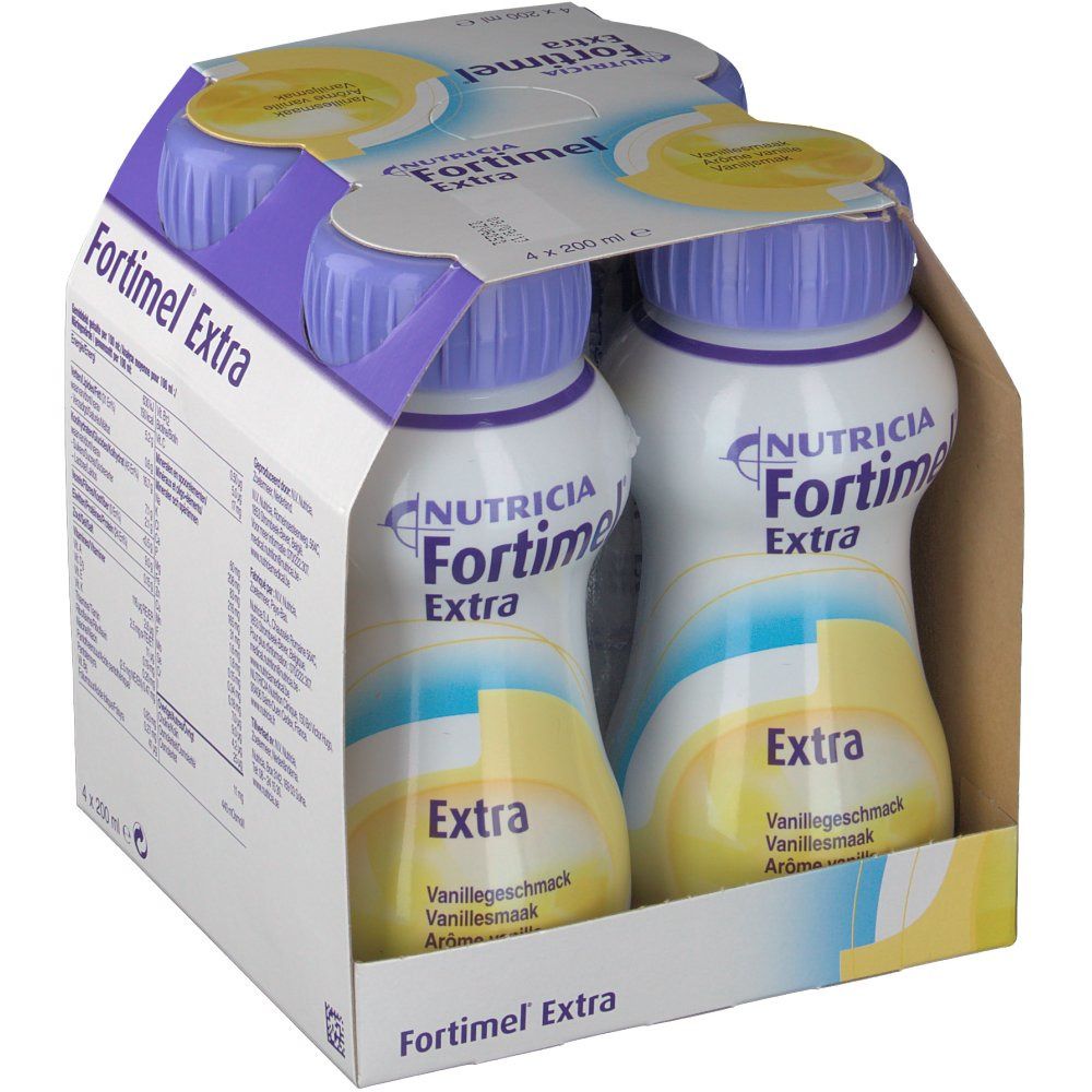 Emballage de quatre bouteilles. Inscription: Nutricia Fortimel Extra. Goût vanille. Deux bouteilles visibles.