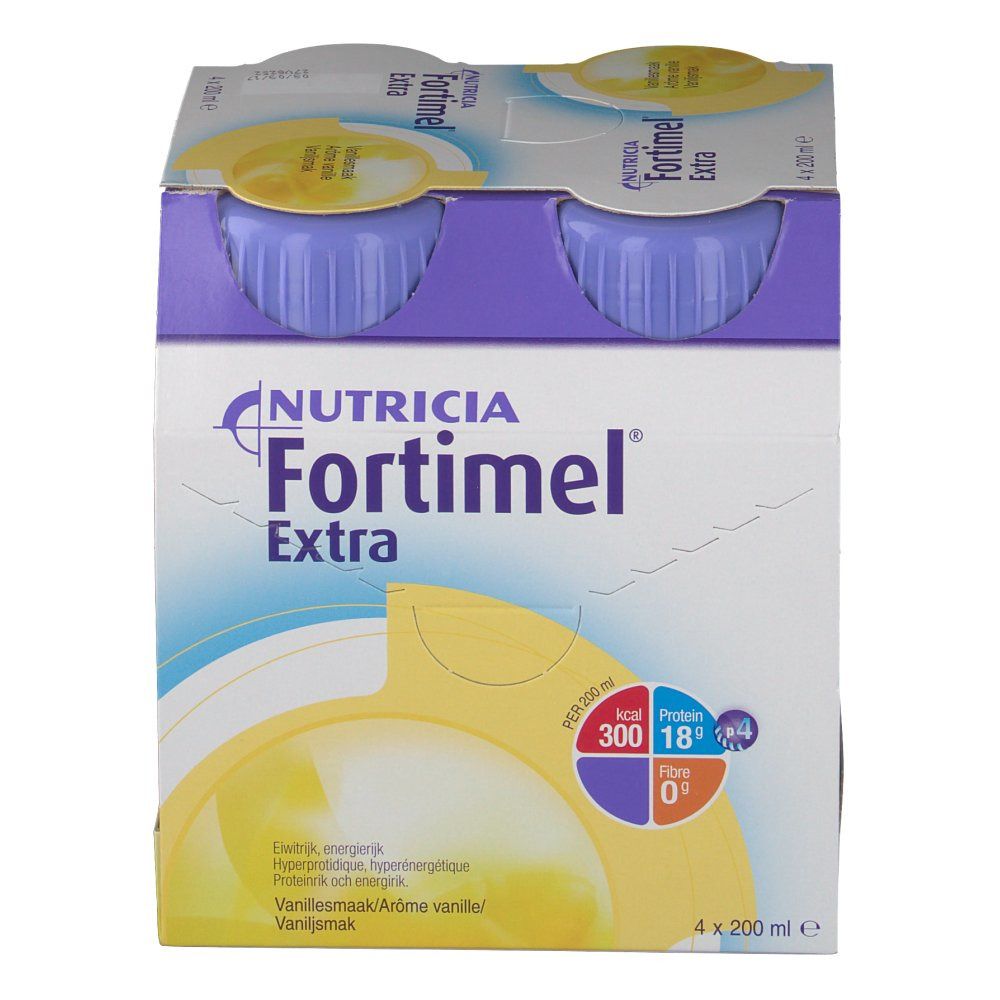 Emballage de quatre bouteilles. Inscription: Nutricia Fortimel Extra. Goût vanille. Informations nutritionnelles. 4 x 200 ml.