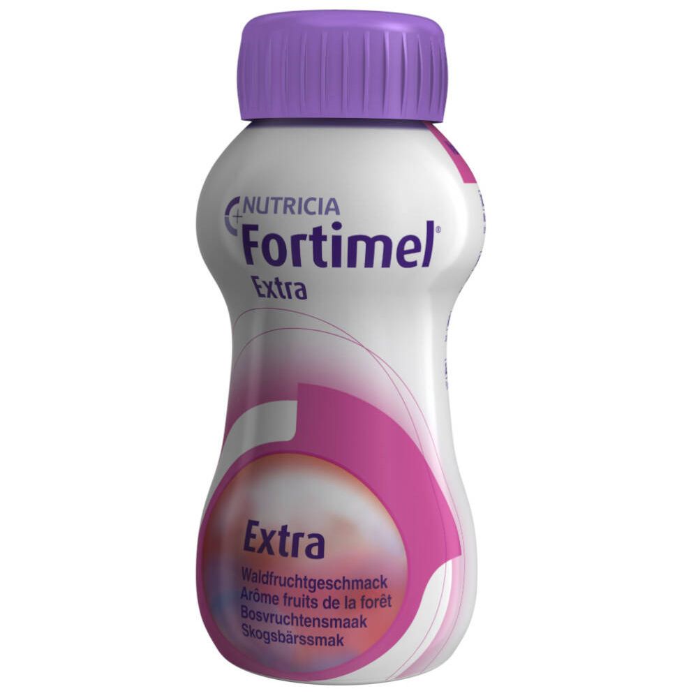Bouteille avec bouchon violet. Inscription: Nutricia Fortimel Extra, Arôme fruits de la forêt.