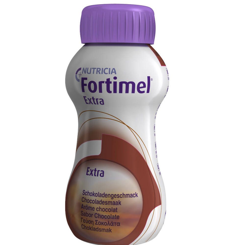 Bouteille unique de Fortimel Extra Chocolat avec bouchon violet. Inscriptions : Nutricia, Extra, goût chocolat. Bouteille avec éléments bruns et blancs.