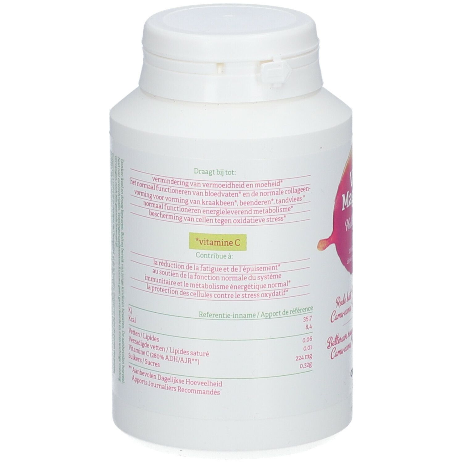 Achterkant van een witte pot. Paragrafen in meerdere talen. Bevat vitamine C. Cressana Health.