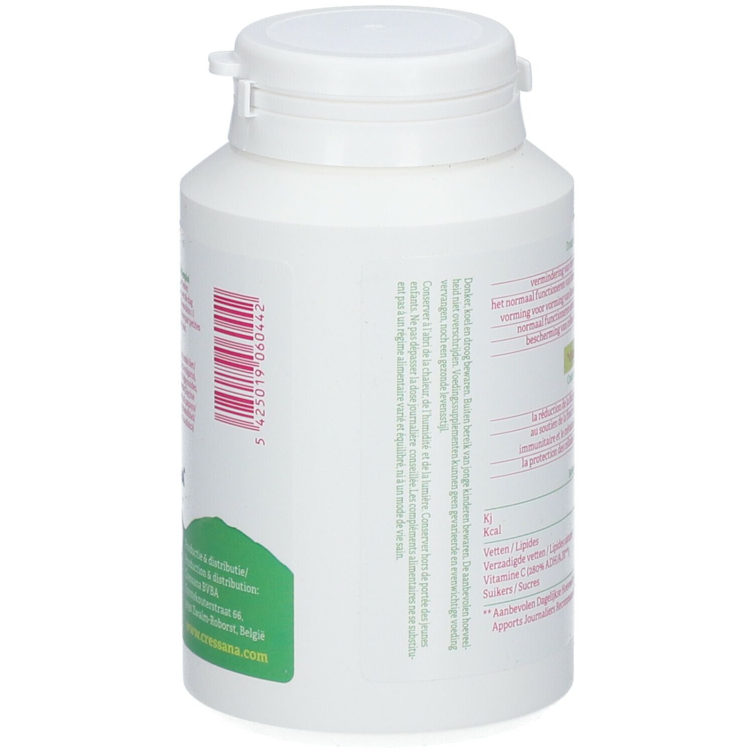 Zijaanzicht van een witte pot. Paragrafen in meerdere talen. Cressana Health.