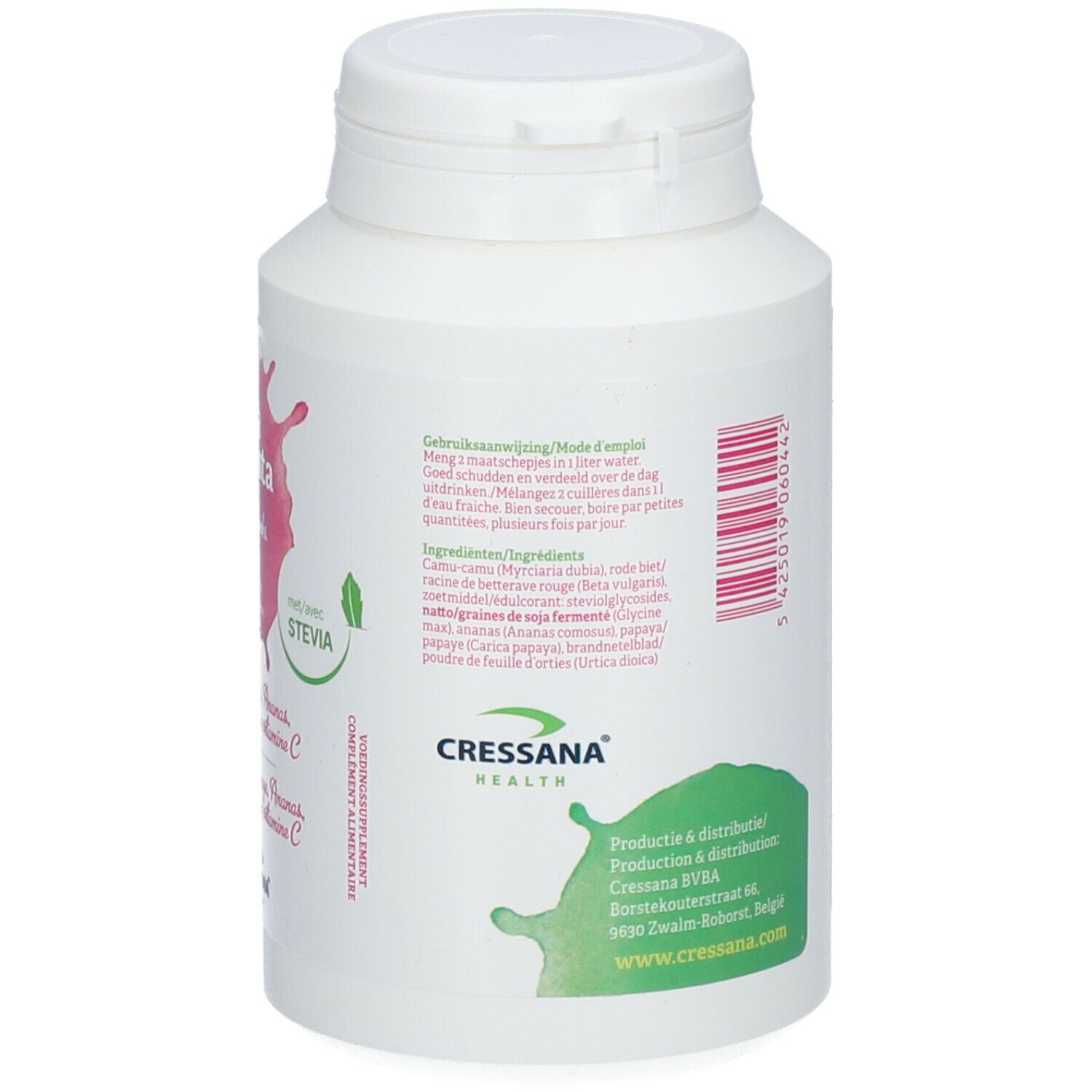 Achterkant van een witte pot. Paragrafen in meerdere talen. Ingrediëntenlijst. Cressana Health.