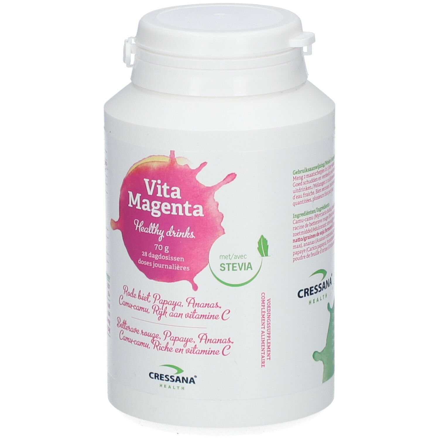 Witte pot met roze opdruk. Opschrift: Vita Magenta, Healthy drinks, 70g, 28 dagdoseringen. Met Stevia. Cressana Health.