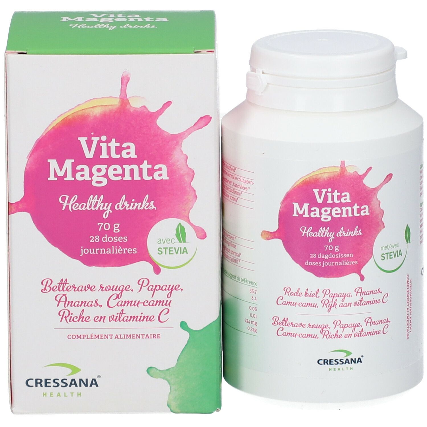 Witte pot en doos met roze opdruk. Opschrift: Vita Magenta, Healthy drinks, 70g, 28 dagdoseringen. Met Stevia. Cressana Health.