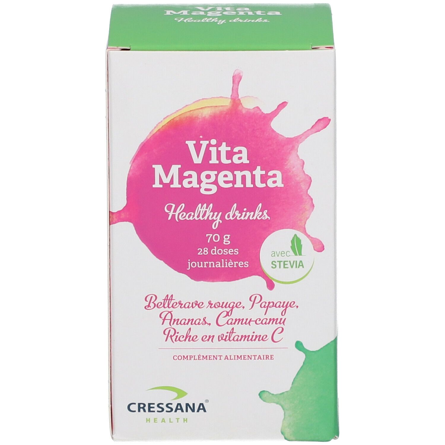 Doos met roze opdruk. Opschrift: Vita Magenta, Healthy drinks, 70g, 28 dagdoseringen. Met Stevia. Cressana Health.