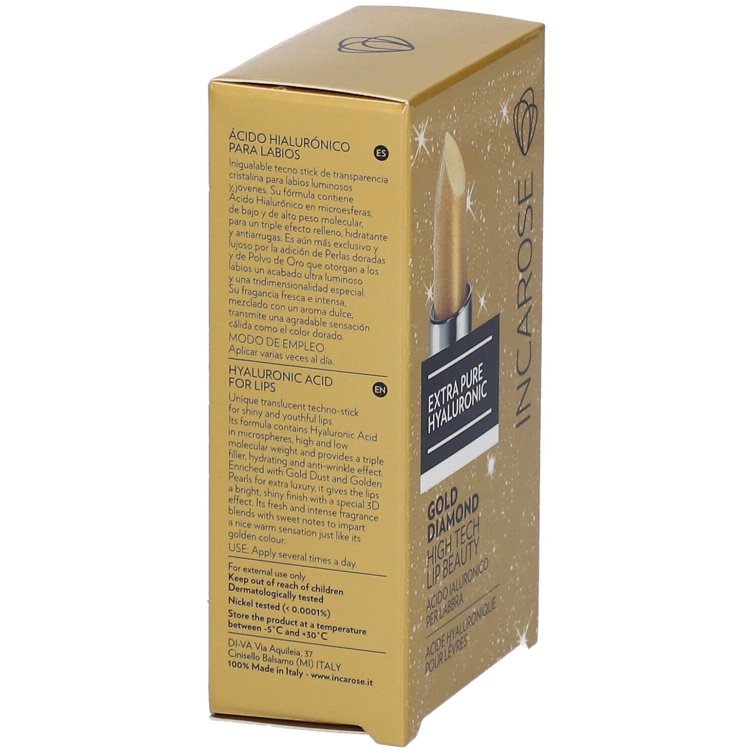 Goldfarbene Lippenpflege-Verpackung. Text in mehreren Sprachen. Marke: INCAROSE. Enthält Informationen zum Produkt und zur Anwendung.
