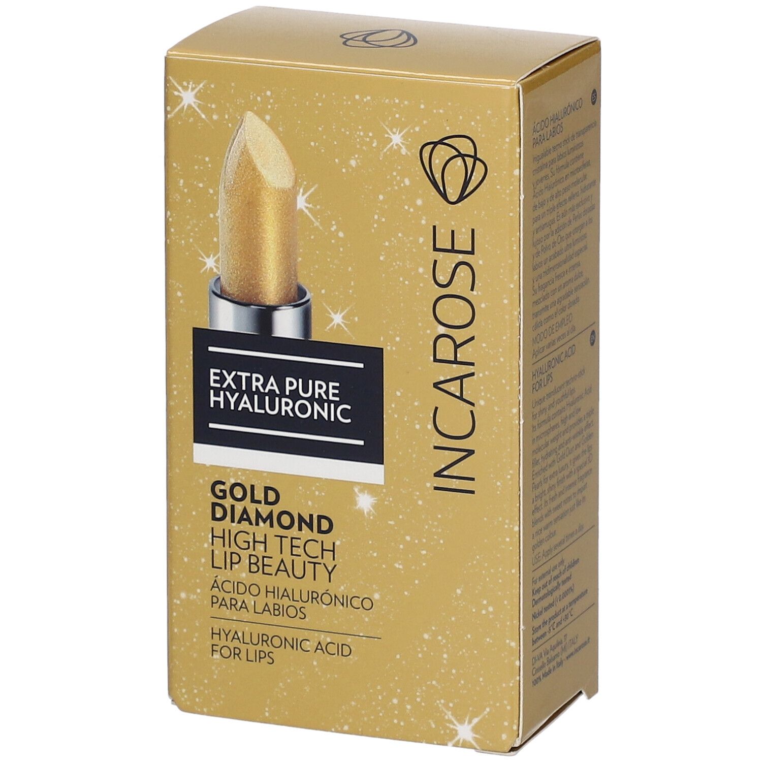 Goldfarbene Lippenpflege-Verpackung. Aufschrift: EXTRA PURE HYALURONIC, GOLD DIAMOND HIGH TECH LIP BEAUTY. Marke: INCAROSE. Abbildung eines Lippenstifts.