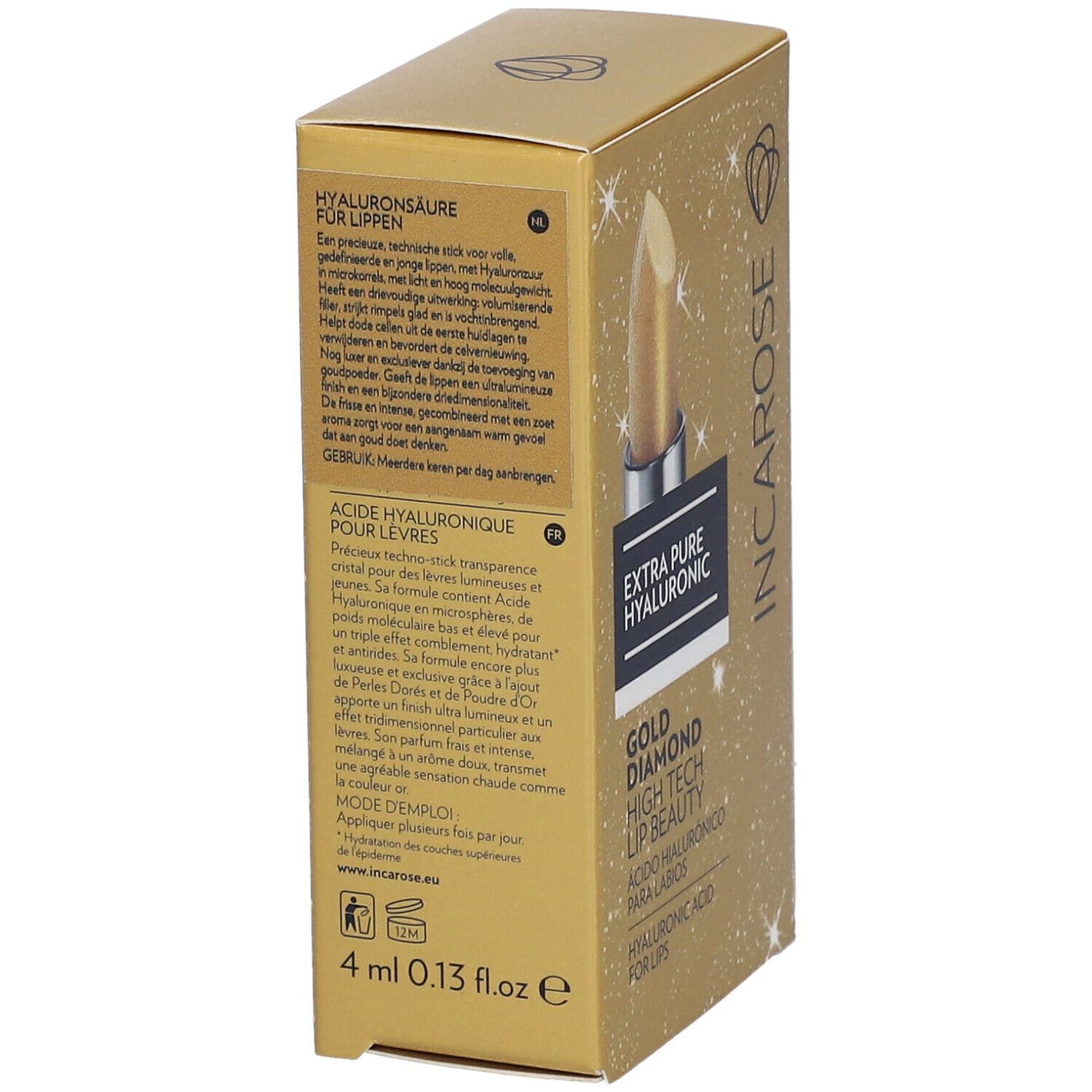 Goldfarbene Lippenpflege-Verpackung. Text in mehreren Sprachen. Marke: INCAROSE. Enthält Informationen zum Produkt und zur Anwendung.