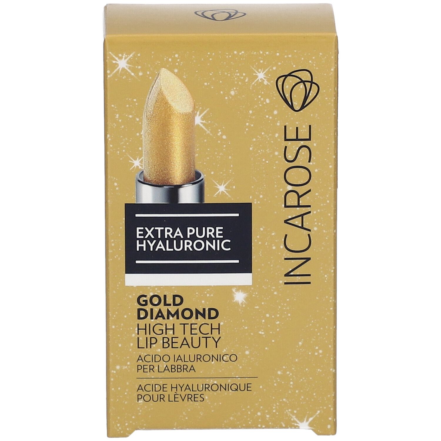 Goldfarbene Lippenpflege-Verpackung. Aufschrift: EXTRA PURE HYALURONIC, GOLD DIAMOND HIGH TECH LIP BEAUTY. Marke: INCAROSE. Abbildung eines Lippenstifts.