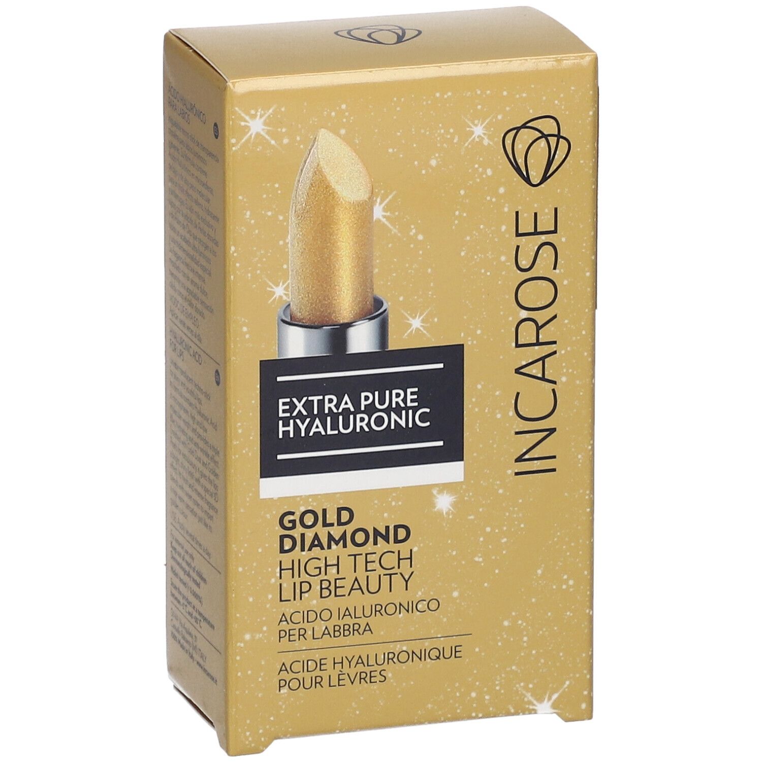 Goldfarbene Lippenpflege-Verpackung. Aufschrift: EXTRA PURE HYALURONIC, GOLD DIAMOND HIGH TECH LIP BEAUTY. Marke: INCAROSE. Abbildung eines Lippenstifts.