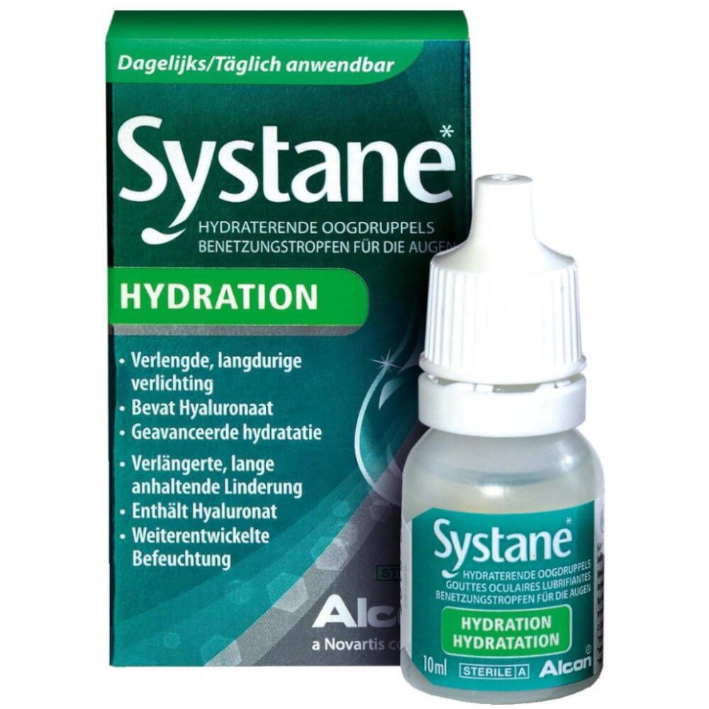 Gocce oculari e confezione. Systane Hydration. Flacone e scatola con informazioni sul prodotto.