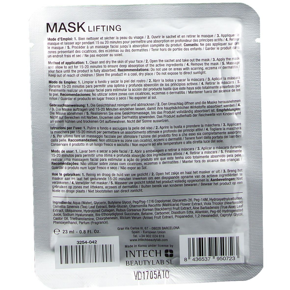 Rückseite der VitaDermatologie Lifting Maske. Text in mehreren Sprachen, Inhaltsstoffe, Gebrauchsanweisung, Barcode und Herstellerinformationen.