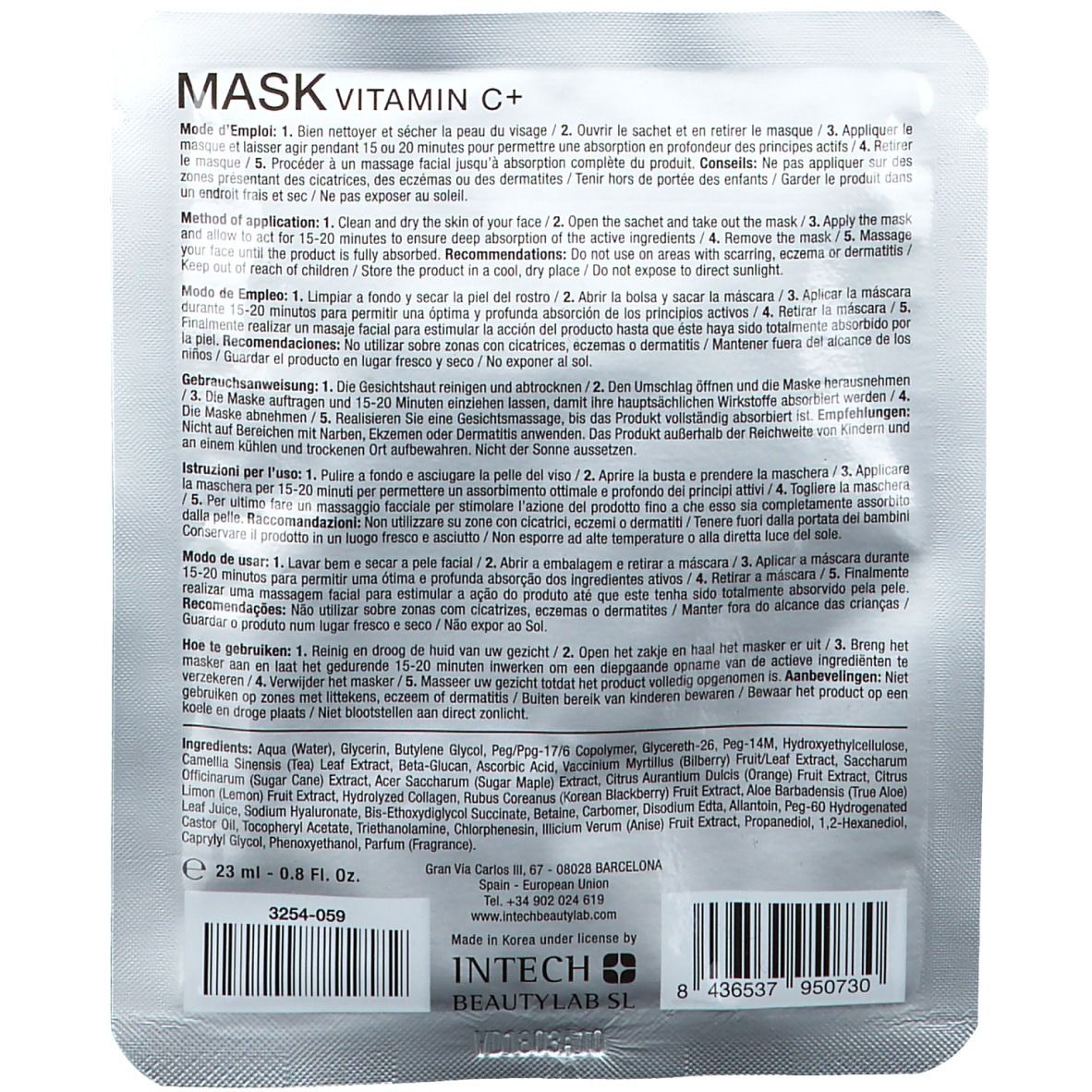 Dos de VitaDermologie Vitamin C+ Maske. Texte multilingue, ingrédients et informations du fabricant sur sachet argenté.