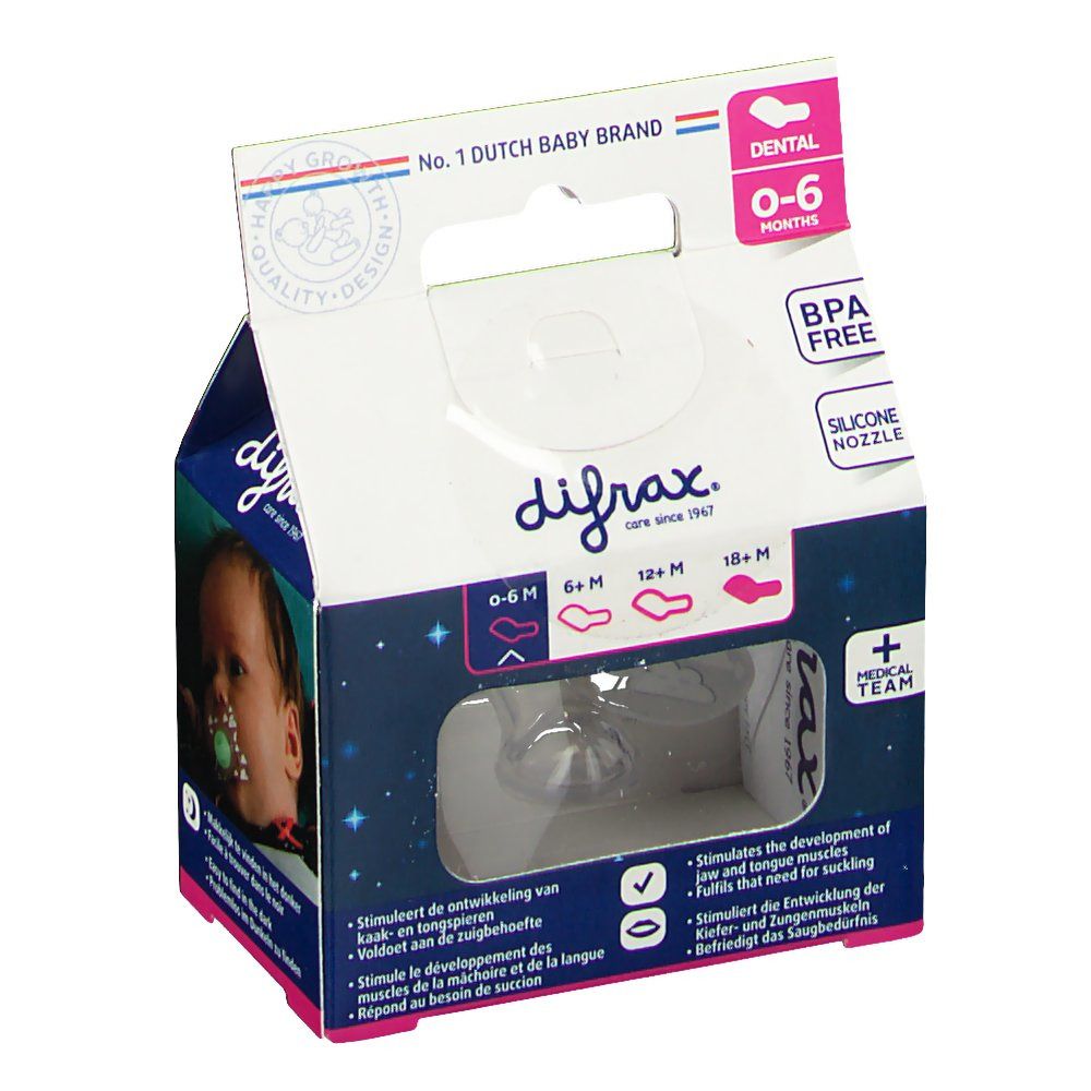 Emballage de sucette. Visible: marque Difrax, inscription "Dental 0-6M", "BPA Free", "Silicone Nipple".
