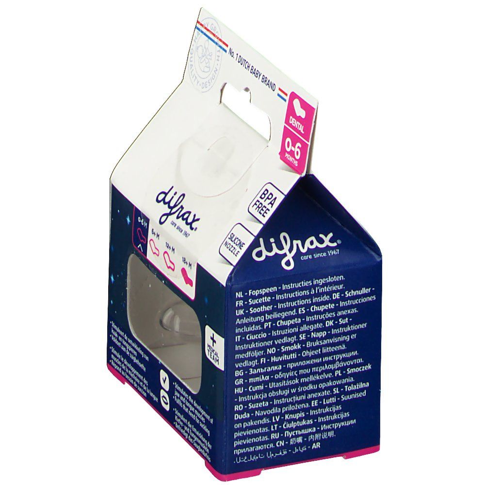 Emballage de sucette. Visible: marque Difrax, inscription "Dental 0-6M", "BPA Free", "Silicone Nipple".