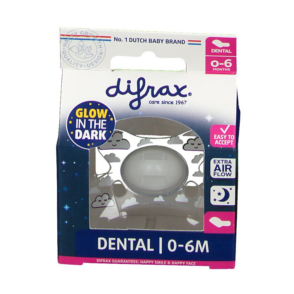 Emballage de sucette. Visible: marque Difrax, inscription "Glow in the dark", "Dental 0-6M", "Extra Air Flow".