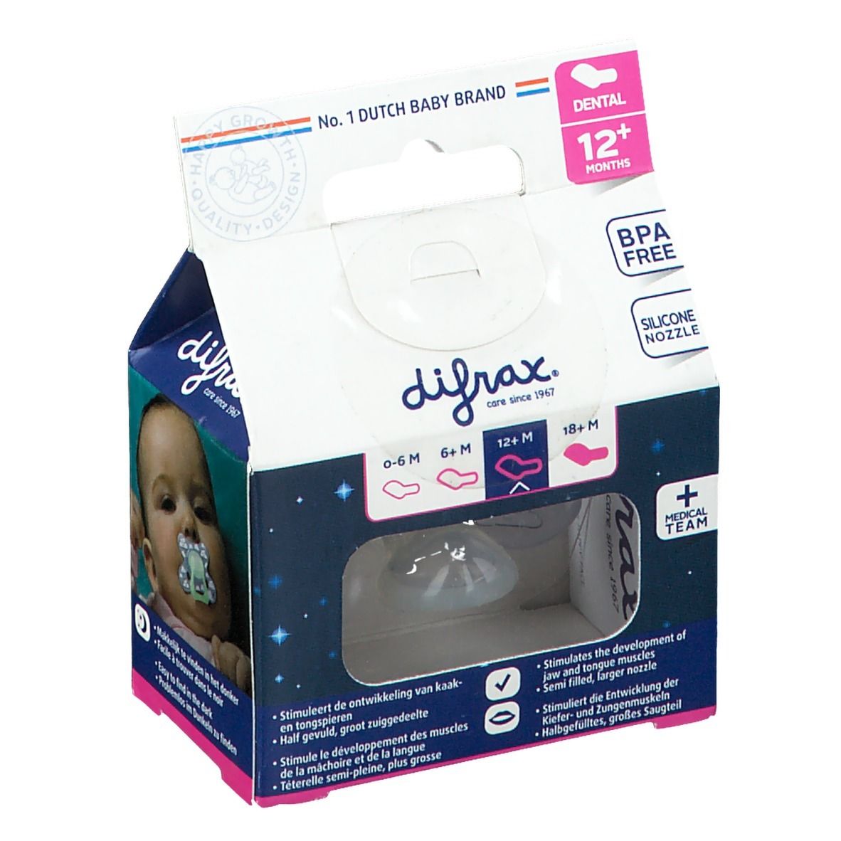 Emballage de sucette. Pour 12+ mois. Sans BPA. Tétine en silicone. Bébé avec sucette en photo.