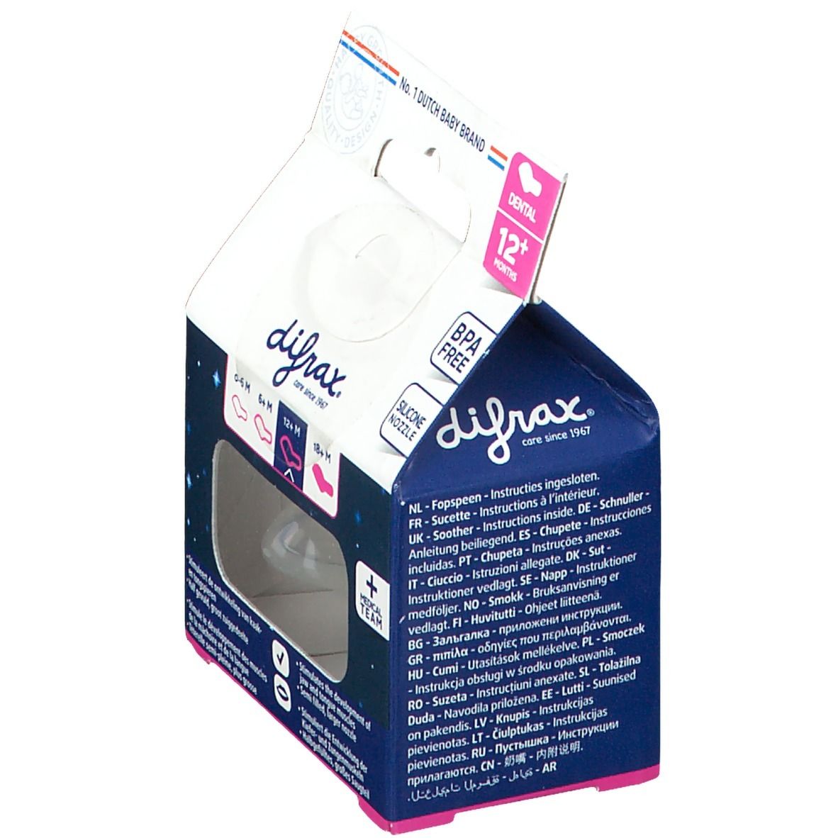 Emballage de sucette. Pour 12+ mois. Sans BPA. Tétine en silicone. Instructions multilingues.
