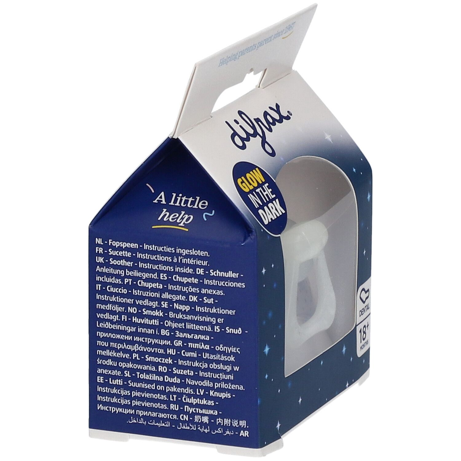 Difrax Schnuller, Dental, 18+ Monate, leuchtet im Dunkeln. Verpackung mit Hinweisen.