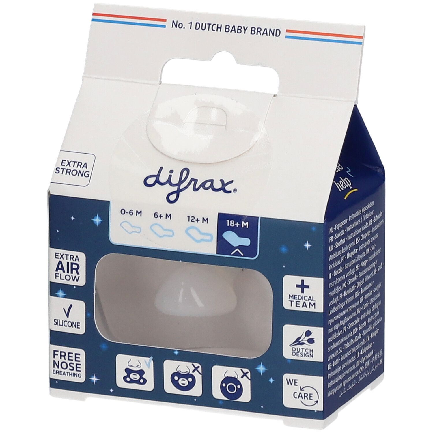 Difrax Schnuller, Dental, 18+ Monate, extra Luftstrom, Silikon.