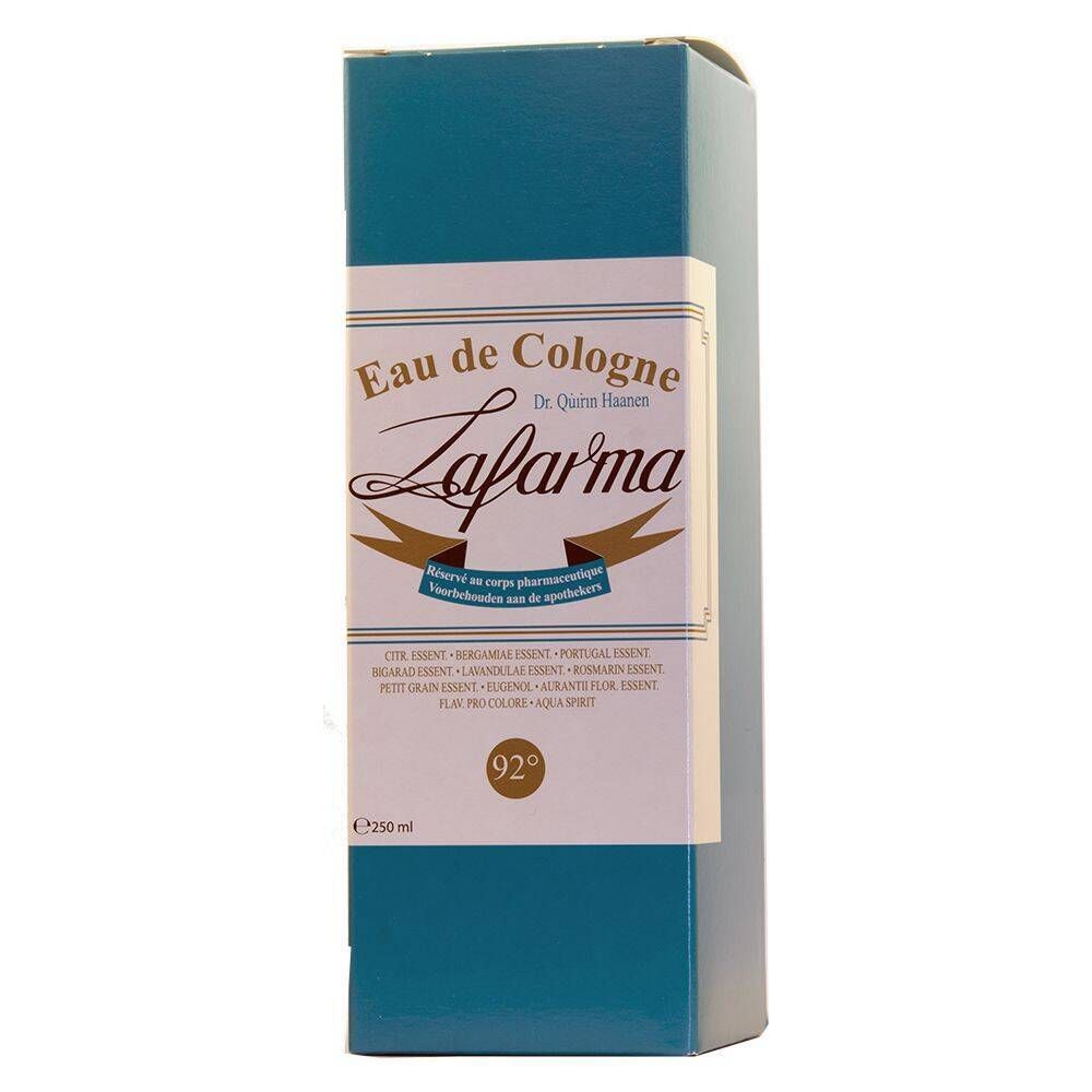 Türkisblaue Schachtel mit Produktetikett. Aufschrift: Eau de Cologne, Lafarma, 92°.