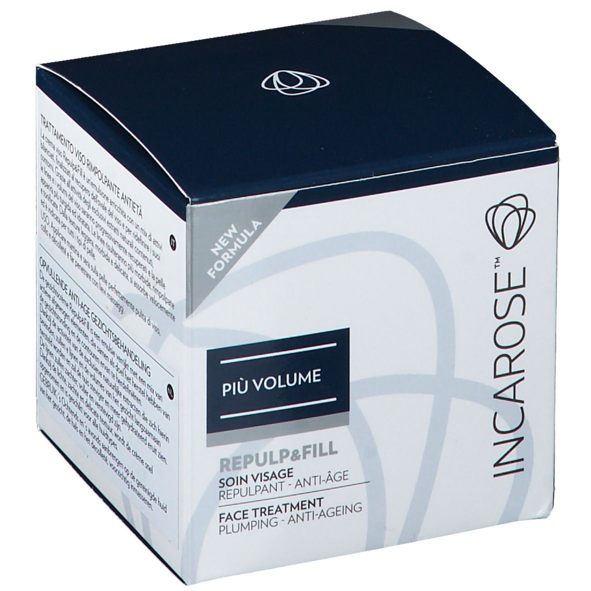 Doos met teksten. Zwart deksel, witte behuizing. Logo en productnaam: PIÙ VOLUME, REPLUP & FILL, anti-aging.