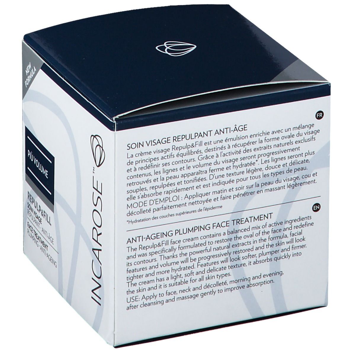 Doos, schuin van bovenaf. Zwart deksel, witte behuizing. Producttekst in het Frans en Engels. Logo en productnaam.