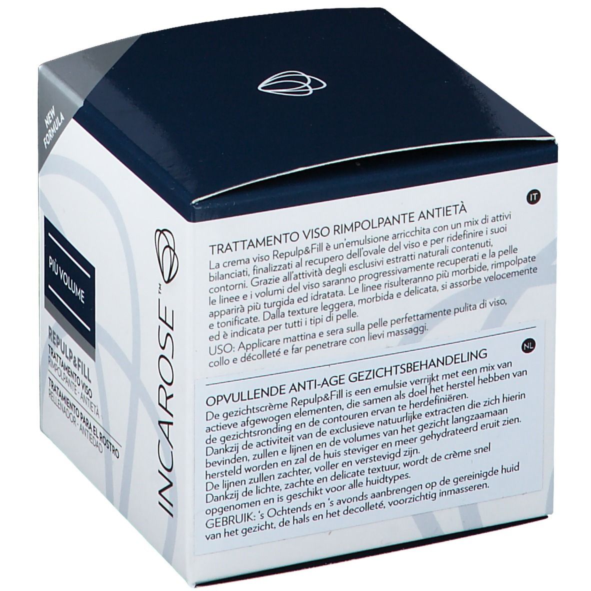 Doos, schuin van bovenaf. Zwart deksel, witte behuizing. Producttekst in verschillende talen. Logo en productnaam.