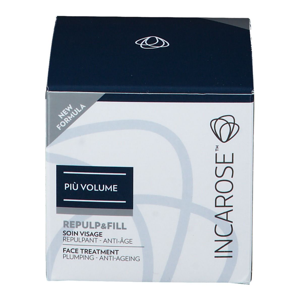 Doos, vooraanzicht. Zwart deksel, witte behuizing. Logo en productnaam: PIÙ VOLUME, REPLUP & FILL, anti-aging.
