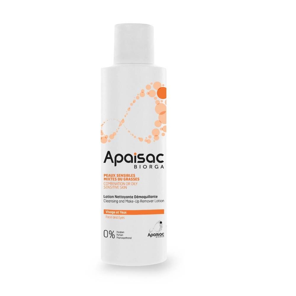Witte fles Apaisac Biorga. Opschrift: Peaux sensibles, mixtes ou grasses, combination or oily, sensitive skin. Lotion nettoyante démaquillante.
