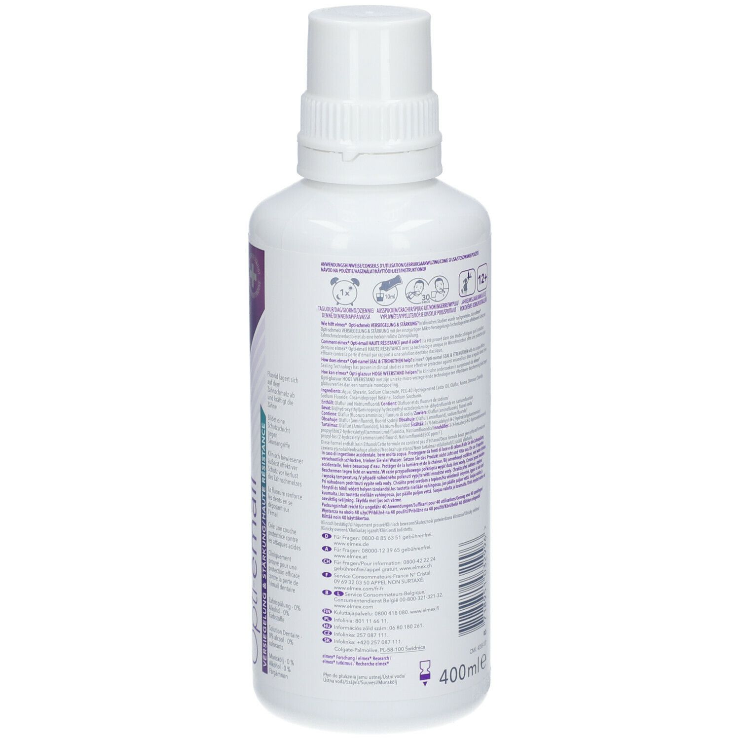 Weiße Flasche mit lila Etikett. Schriftzug: Opti-schmelz, Opti-émail. Marke: elmex PROFESSIONAL. 400ml.