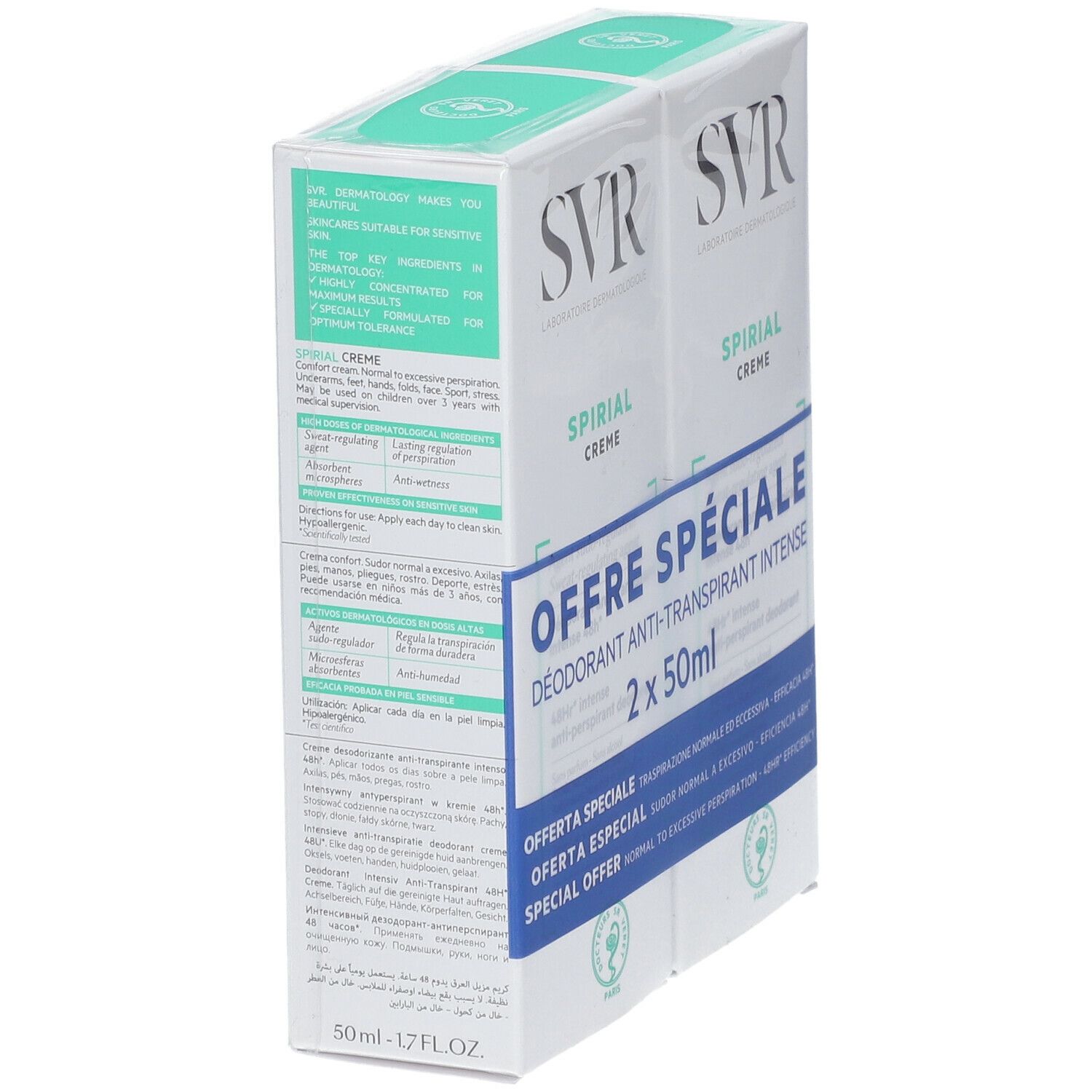 Deux boîtes de déodorant SVR Spirial Crème. Vue latérale avec texte. Emballage vert et blanc.