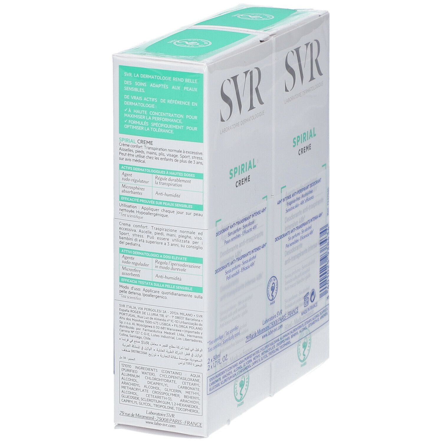 Deux boîtes de déodorant SVR Spirial Crème. Vue arrière avec texte. Emballage vert et blanc.