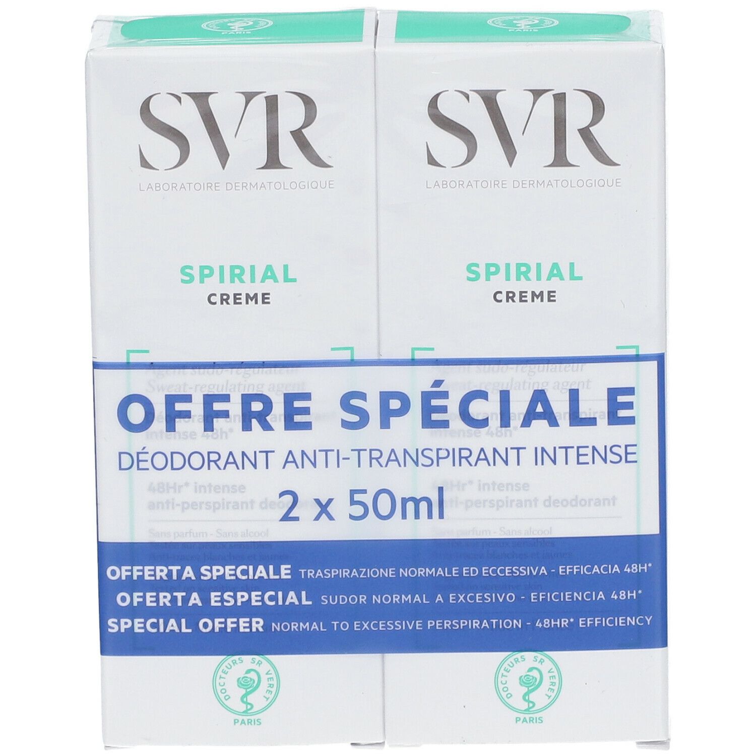 Deux boîtes de déodorant SVR Spirial Crème. Étiquette "Offre Spéciale", 2 x 50ml. Emballage vert et blanc.