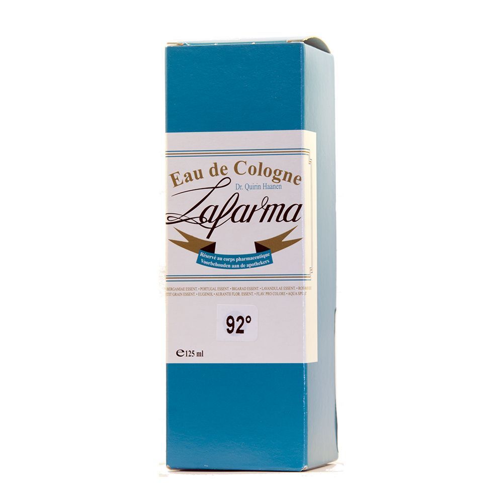 Blaue rechteckige Schachtel. Aufschrift: Eau de Cologne Lafarma, 92° und Text. Unten: 125 ml.
