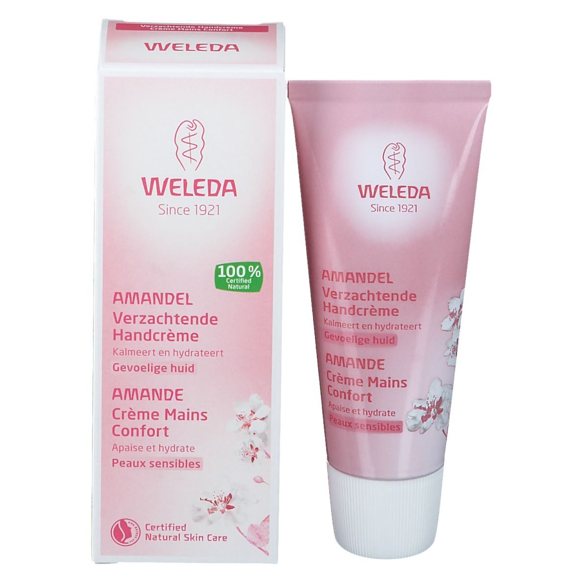 Emballage du produit: tube et carton. Inscription: Weleda, Crème Mains Amande. Certifications.