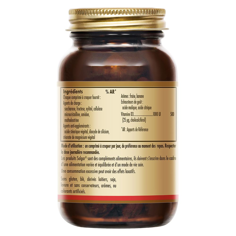 Close-up van de ingrediënten en voedingswaarde-informatie op de achterkant van de SOLGAR® VITAMIN D3 fles.