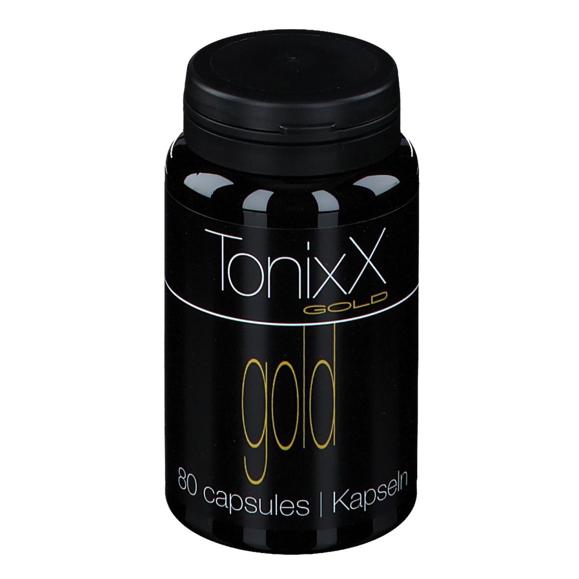 Zwarte fles met zwarte dop. Opschrift: Tonixx Gold, 80 capsules. Gouden tekst op zwarte achtergrond.