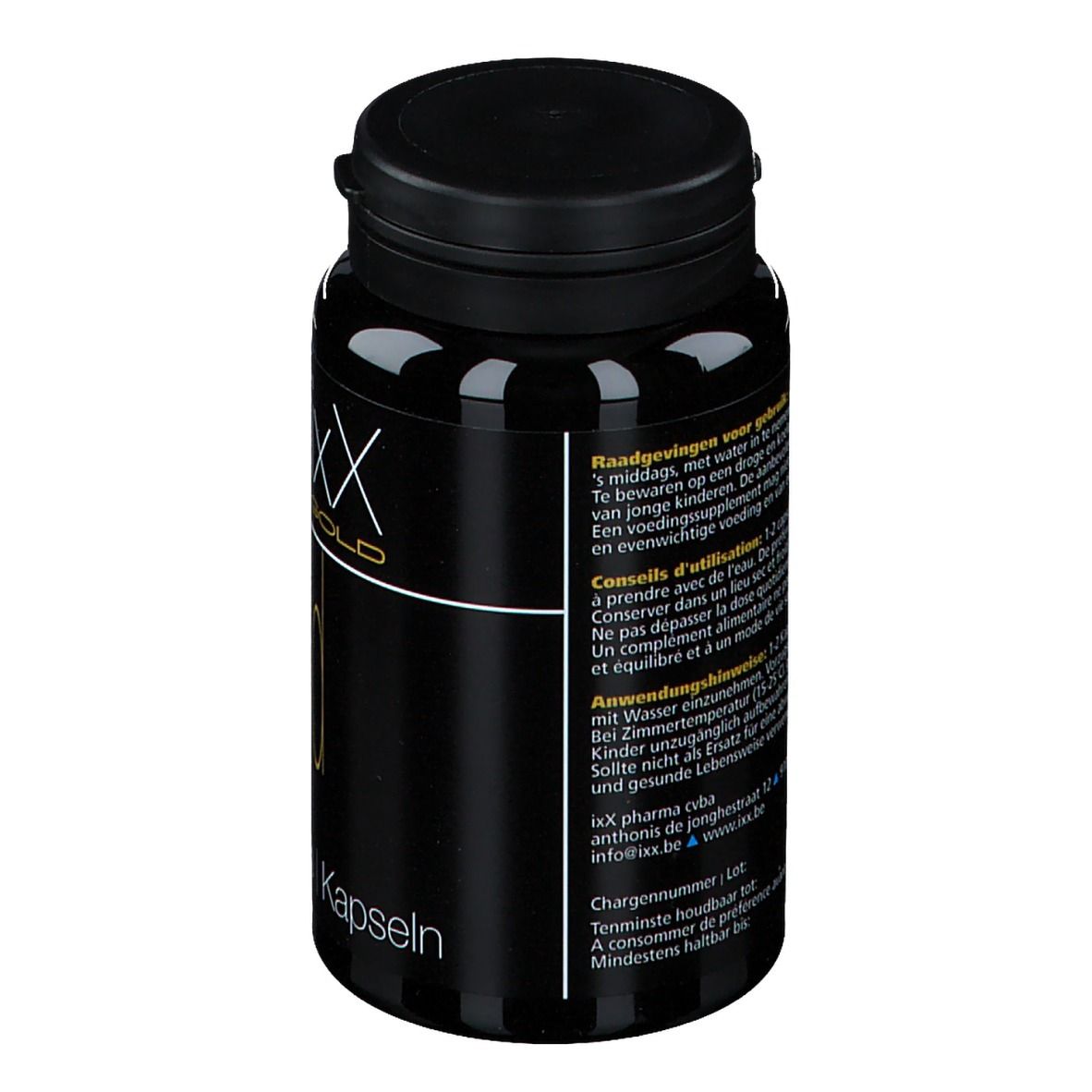 Zwarte fles met zwarte dop. Opschrift: Tonixx Gold. Tekst en informatie op het etiket.