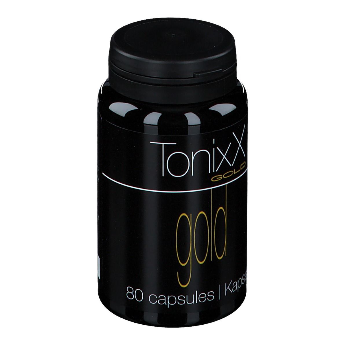 Zwarte fles met zwarte dop. Opschrift: Tonixx Gold, 80 capsules. Gouden tekst op zwarte achtergrond.